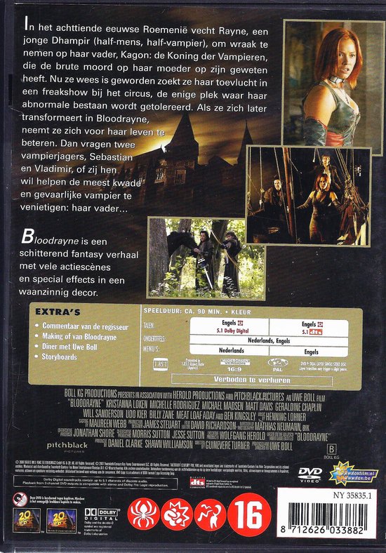 DVD hoes Bloodrayne met filmomschrijving en afbeeldingen van acteurs.