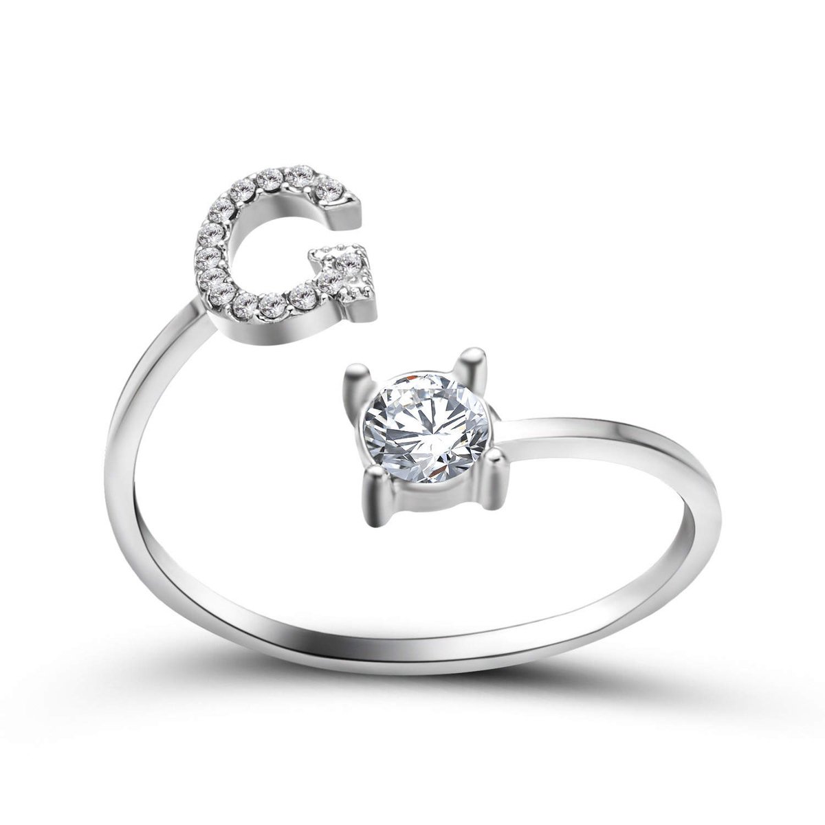 Ring met letter G - Ring met steen - Aanschuifring - Zilver kleurig - Ring Zilver dames - Cadeau voor vriendin - Vrouw - Sieraad meisje - Mooie ring tieners - Alfabet ring G - Ring met initiaal