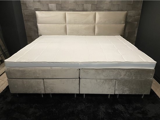 Family Boxspring Velours Beige XXL - 280x200 - Matelas à pocketvering ensachés 7 zones inclus - Surmatelas Tencel 280x200 - KINGSIZE - Velours