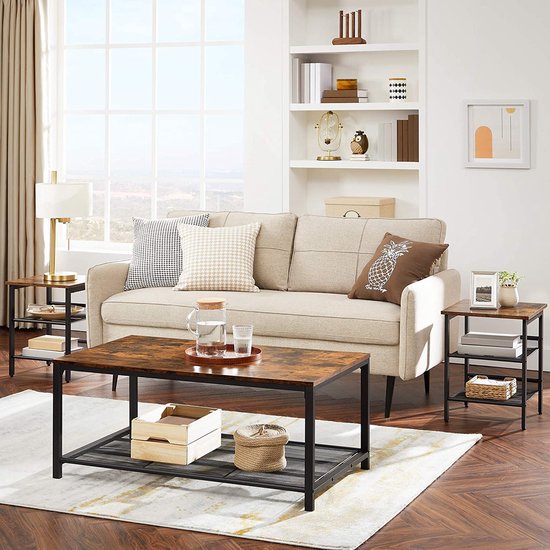 Nachtkastjes, Set Van Bijzettafels, Set Van 2 Banken, Kleine Salontafels Met Verstelbare Rasterplanken, Woonkamer, Slaapkamer, Hal, Stal, İndustrieel Ontwerp, Vintage Bruin-Zwart