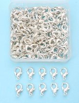 100 stuks karabijn sluitingen zilverkleur 12mm in opbergdoosje