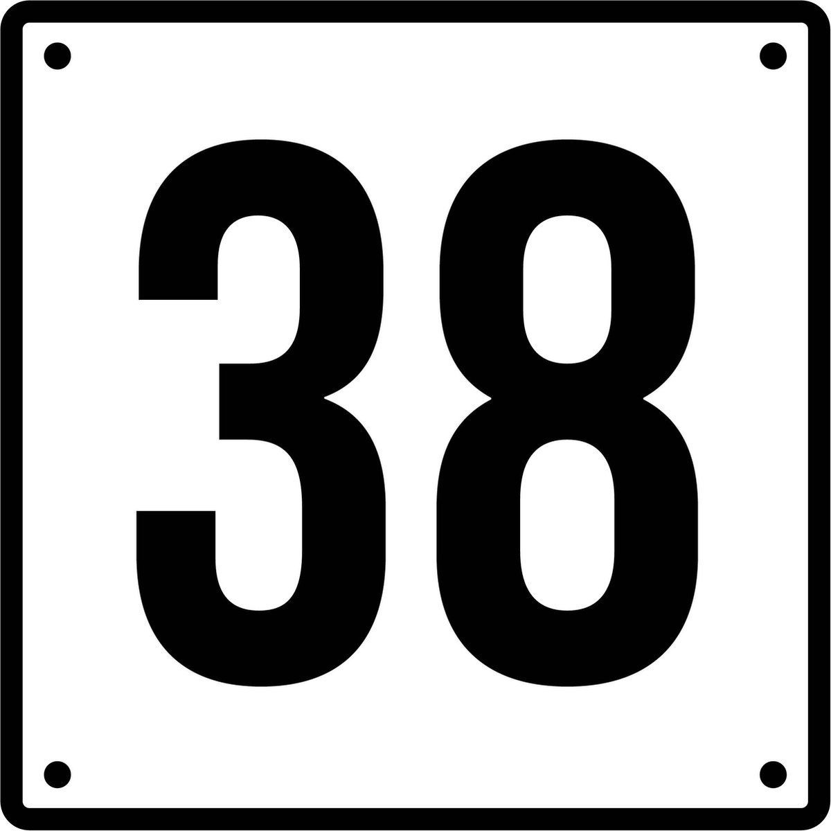 Huisnummerbord 38 - Incl. Schroeven en Pluggen – Acrylaat - 10 x 10 cm - Wit met Zwart