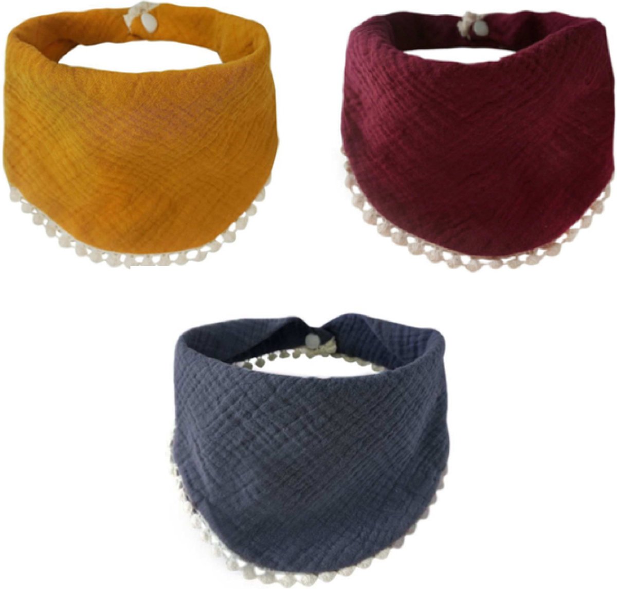 Goedkoopste Without Lemon - Hippe Slabbetjes met Franjes - Hydrofiel - Katoen - Set van 3 stuks - Verstelbaar - Neutral Dark