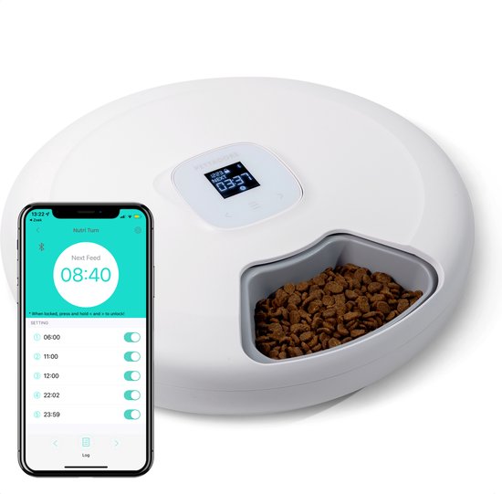 Pettadore Nutri Turn - Mangeoire Distributeur de nourriture pour chat/chien - Smart avec application - 6 repas Nourriture humide et sèche