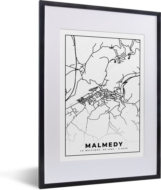 Fotolijst incl. Poster Zwart Wit- Plattegrond – Malmedy – Zwart Wit – Stadskaart - Kaart - België - 30x40 cm - Posterlijst