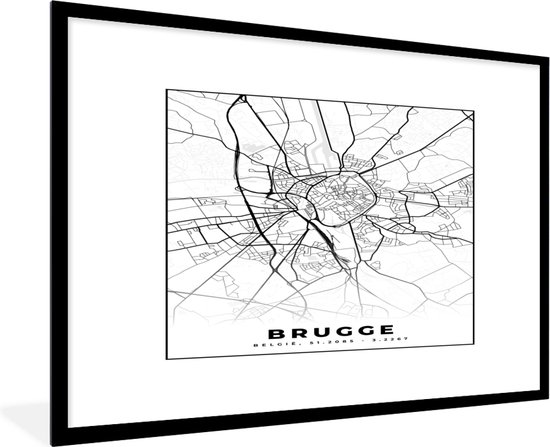 Fotolijst incl. Poster Zwart Wit- Plattegrond – Brugge – Zwart Wit – Stadskaart - Kaart - België - 90x60 cm - Posterlijst