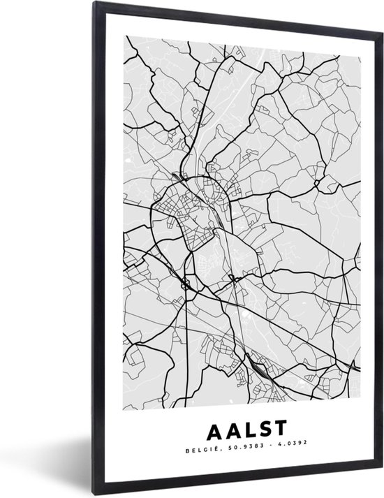 Fotolijst incl. Poster Zwart Wit- Zwart Wit – België – Plattegrond – Stadskaart – Kaart – Aalst - 20x30 cm - Posterlijst