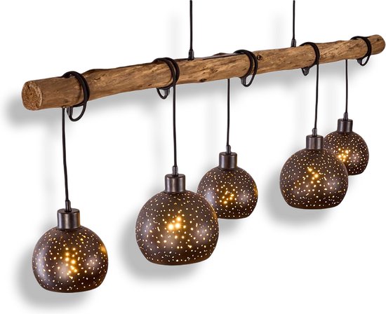 Belanian.nl - - Vintage Hanglamp - Hout en Metaal  Hanglamp - hanglamp zwart, licht hout, 5 lichts  Scandinavisch Hanglamp   Eettafellamp Verstelbaar | Industrieel