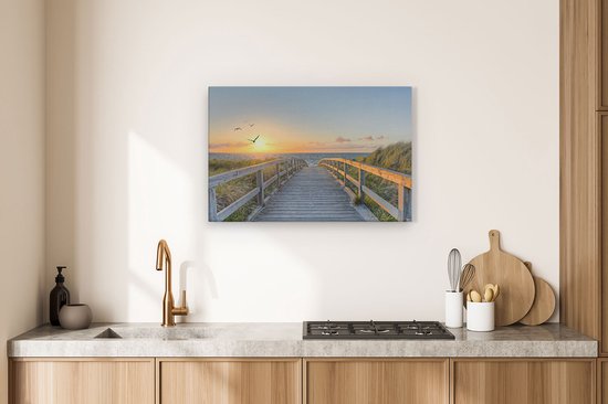 Artaza Canvas Schilderij Voetpad met Zee en Vogels - 90x60 cm - Wanddecoratie Woonkamer - Schilderijen - Muurdecoratie