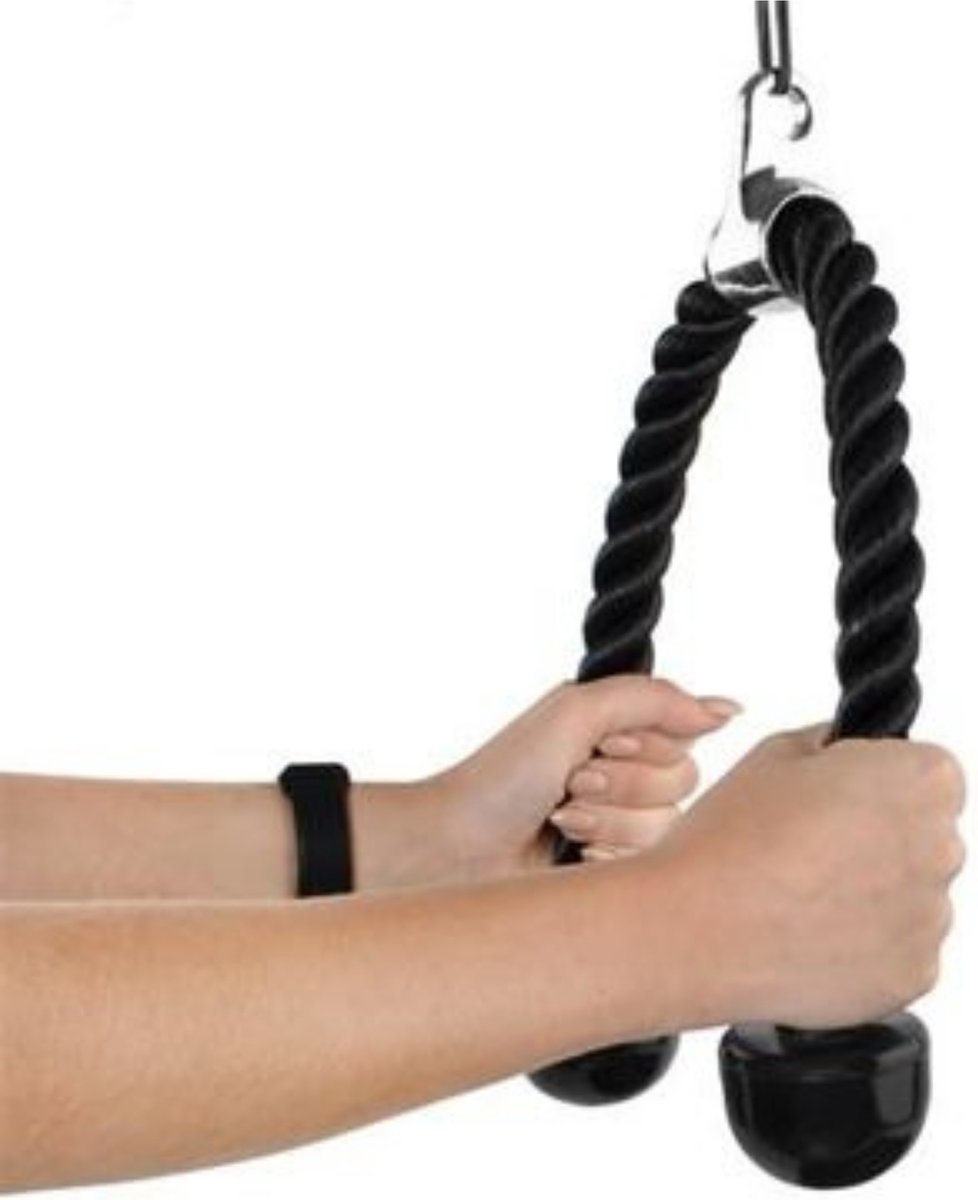 Fitness touw - Triceps touw - Dubbelhandig - Triceps rope - Gemakkelijk te bevestigen - 70 cm - Zwart - Press down - Kunstof handgrepen - Krachttraining