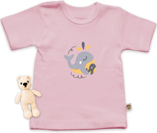Wooden Buttons - T Shirt Baby - Schattige Walvis Print - Roze - Maat 74