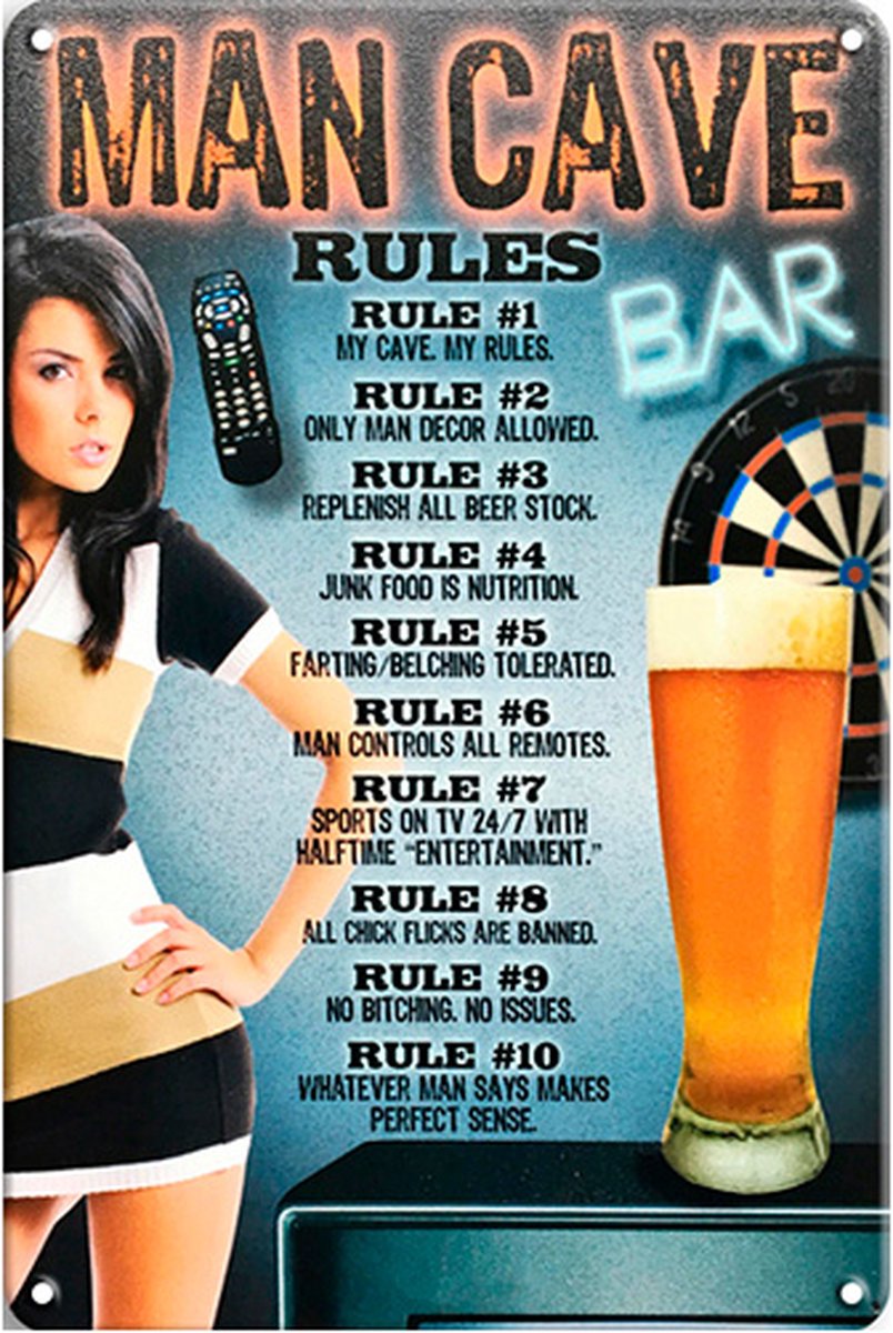 Signs-USA Retro wandbord - metaal - Man Cave Rules Pin Up - 30 x 40 cm Multicolor