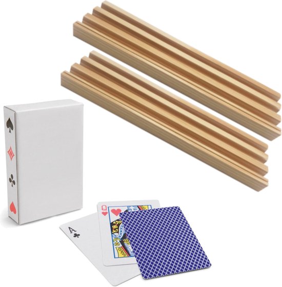 Thumbnail van een extra afbeelding van het spel 4x Speelkaarten houders hout 26 cm - inclusief 54 speelkaarten blauw geruit
