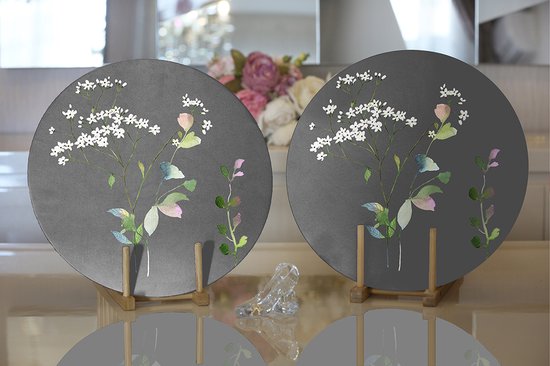 Placemat -Velvet textile met hout - Bloemen op grijs  - 2 stuks - 33 cm - Onderlegger