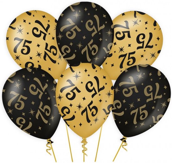 12x stuks Leeftijd verjaardag feest ballonnen 75 jaar geworden zwart/goud 30 cm - Feestartikelen/versiering