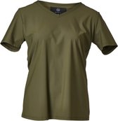 Dames shirt korte mouwen travelstof  v-hals  legergroen | Maat L/XL