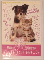 Hiep, Hiep, Hoera! Van harte gefeliciteerd. Een schattige en feestelijke wenskaart met een hond en een kat. Een dubbele wenskaart inclusief envelop en in folie verpakt.