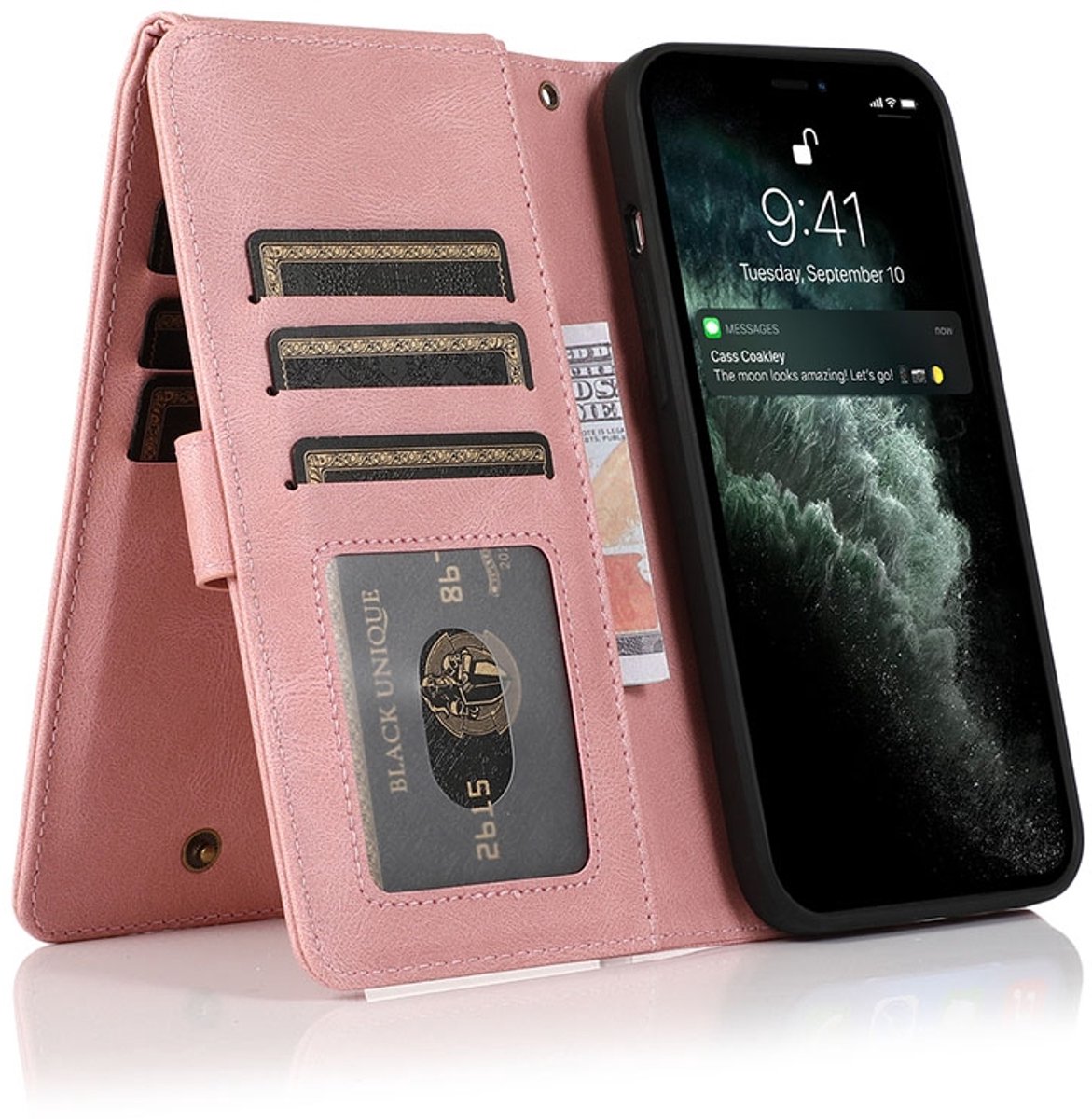 Zacht Leren geschikt voor iPhone 13 Pro Max Wallet Hoesje - roze