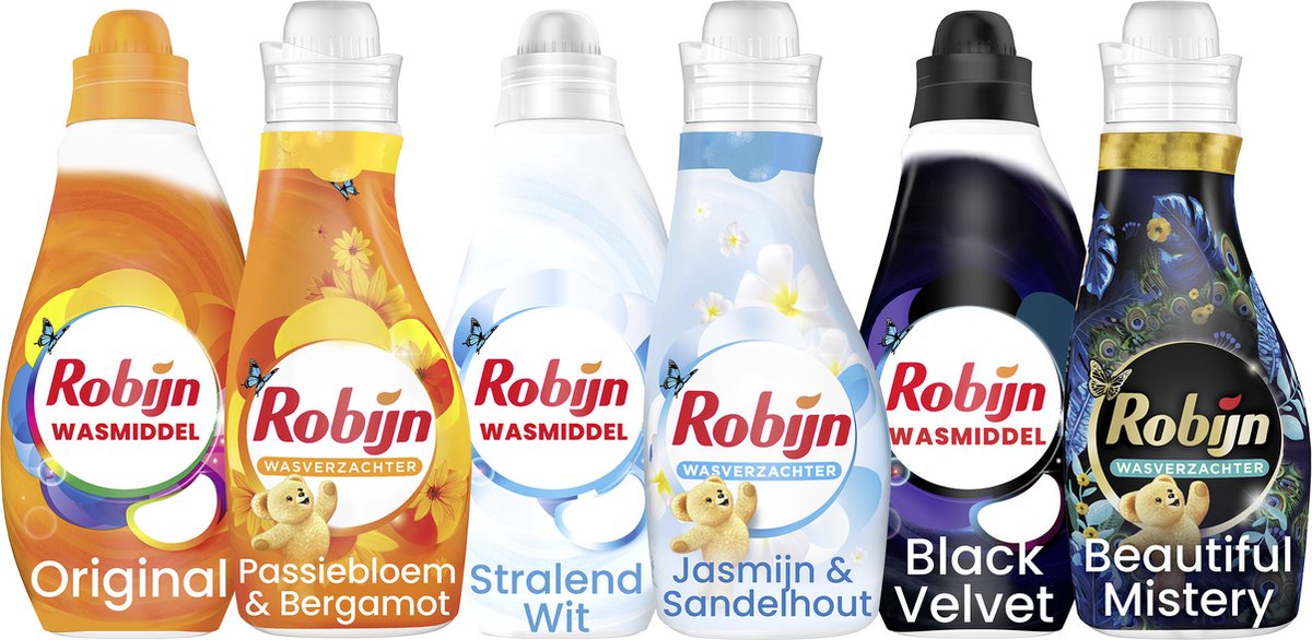 Robijn Perfect Match Stralend Wit, Black Velvet en Color Wasmiddel - en Wasverzachter Pakket - 6 stuks - Voordeelverpakking
