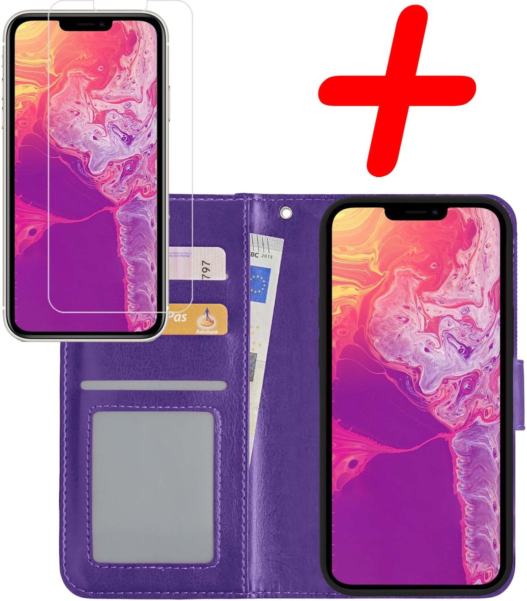 Hoesje Met Screenprotector - Geschikt voor Apple iPhone 13 Pro - Luxe Pasjeshouder - Bookcase Portemonee - Flip Case - Kunstleer Book Case - Flipcase - Book Cover - Walletcase - Portemonneehoes - Paars