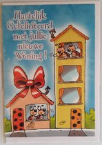 Hartelijk gefeliciteerd met jullie nieuwe woning! Een bijzondere, vrolijke en kleurrijke kaart met een hoge en lage woning naast elkaar. Een dubbele wenskaart inclusief envelop en