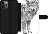 Bookcase Geschikt voor iPhone 11 Pro telefoonhoesje - Wolf - Wit - Schets - Met vakjes - Wallet case met magneetsluiting