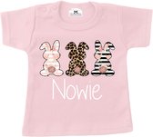 Shirt kind konijntjes met naam-leuk voor de pasen-roze met print-Maat 74