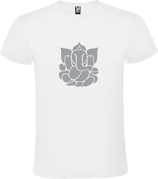 Wit  T shirt met  print van de "heilige Olifant Ganesha " print Zilver size XXXXL