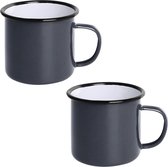 Veluw® Emaille Mok met Oor - Emaille Beker Set - Emaille Servies - Grijs/Zwart - 35cl - ( Set van 2 )