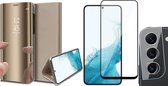 Hoesje geschikt voor Samsung Galaxy S22 - Book Case Spiegel Wallet Cover Hoes Goud - Full Tempered Glass Screenprotector - Camera Lens Protector