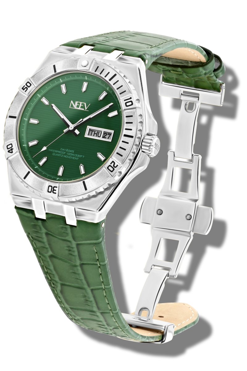 NEEV - Gallier | Horloges voor Mannen | Groen Leren Band | Stainless Steel Sieraden | Ø42 mm | Quartz | Polshorloges heren |