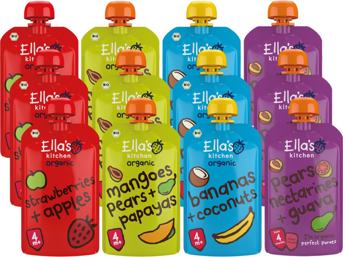 Goedkoopste Ella's kitchen 4 m 12 stuks Knijpzakjes Appel, Banaan, Mango en Peer Pakket