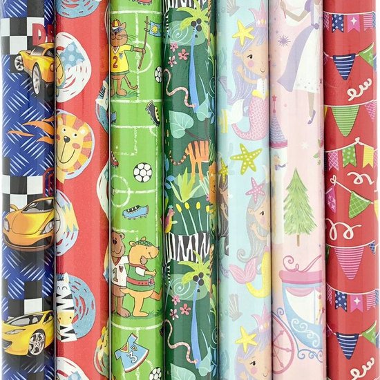 Assortiment luxe cadeaupapier inpakpapier voor kinderen 6 - 200 x 70 cm - 3 rollen