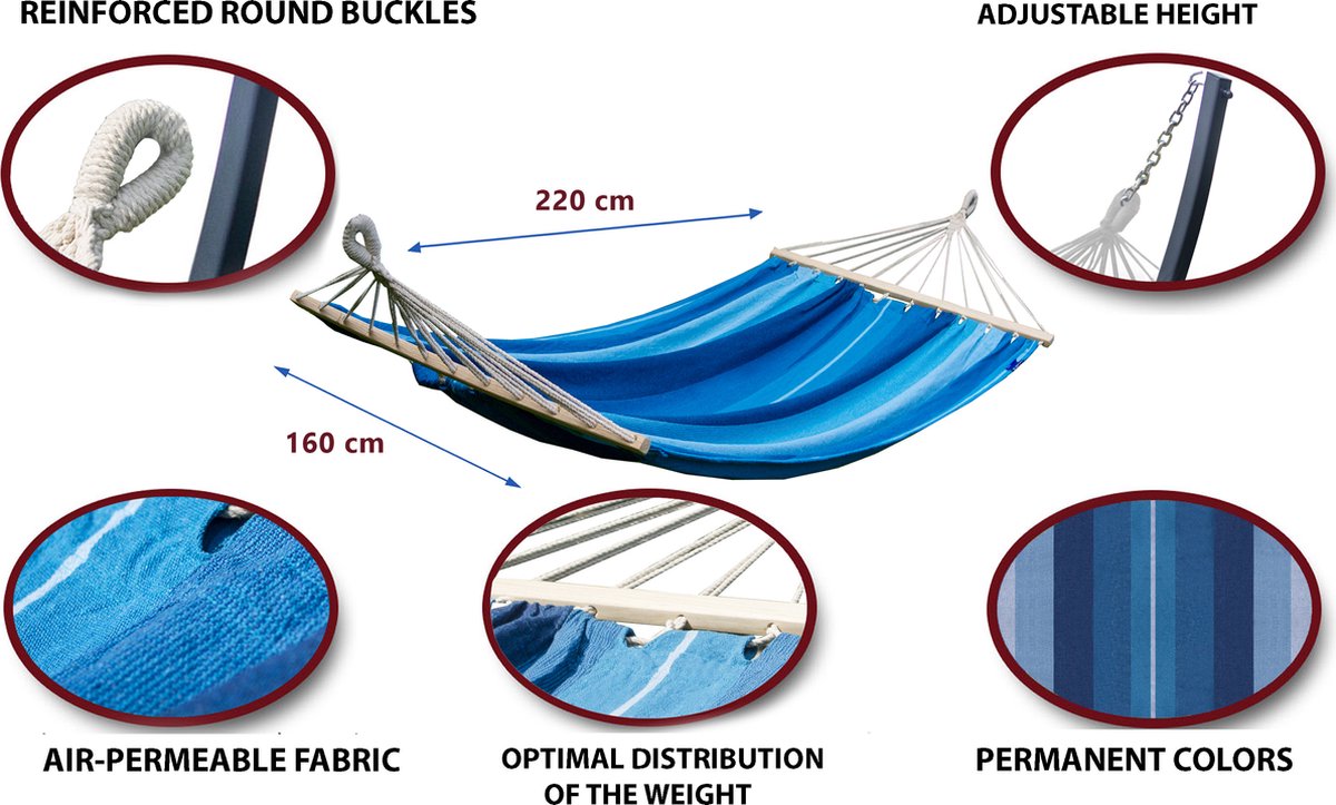 Potenza® Hangmat met SPREIDSTOK - 2 persoons - EXTRA STEVIG - UV bestendig - Blauw - Acadia XL — afbeelding 2