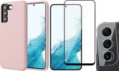 Hoesje geschikt voor Samsung Galaxy S22 - Matte Back Cover Microvezel Siliconen Case Hoes Roze - Full Tempered Glass Screenprotector - Camera Lens Protector