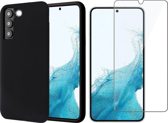 Hoesje geschikt voor Samsung Galaxy S22 - Matte Back Cover Microvezel Siliconen Case Hoes Zwart - Tempered Glass Screenprotector