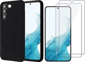 Hoesje geschikt voor Samsung Galaxy S22 - Matte Back Cover Microvezel Siliconen Case Hoes Zwart - 2x Tempered Glass Screenprotector