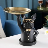 Pico NL® Bulldog Beeld met Rond Dienblad - Grappige en Unieke Huisdecoratie Binnen - Woondecoratie met Serveerschaal - Zwart