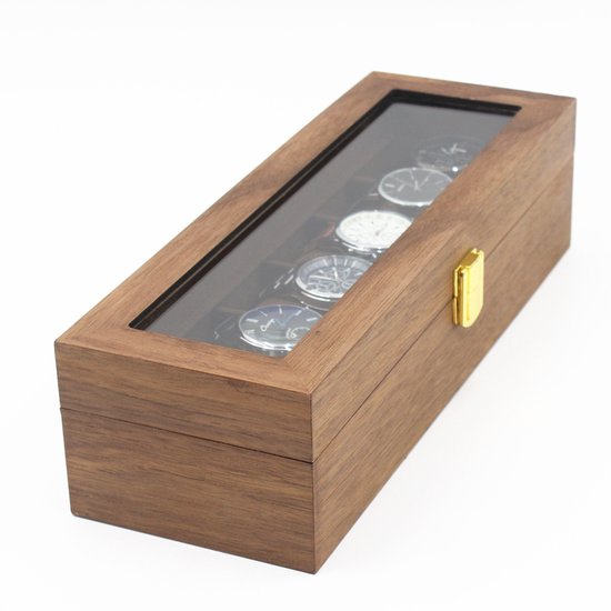 Slege Houten Horlogedoos Voor 6 Horloges Met Glazen Deksel - Luxe Opbergbox Met Accessoirevakken