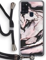 Case Company® - Samsung Galaxy A21s hoesje met Koord - Roze stroom - Telefoonhoesje met Zwart Koord - Bescherming aan alle Kanten en Over de Schermrand
