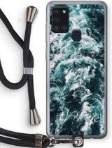 Case Company® - Samsung Galaxy A21s hoesje met Koord - Zee golf - Telefoonhoesje met Zwart Koord - Bescherming aan alle Kanten en Over de Schermrand