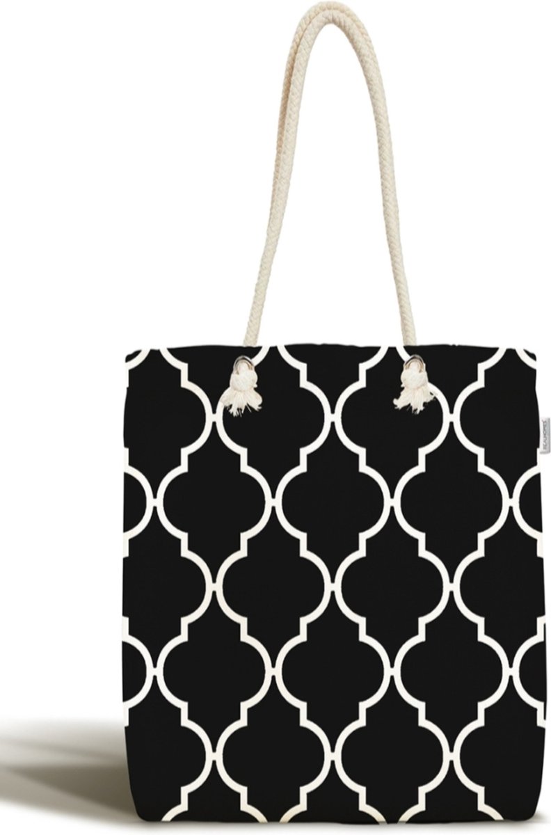 Schoudertas dames met rits - Witte ogea ruit op zwart - Canvas 45x50 - Strandtas - Shopper tas - Dames tassen - Zomer - Hobby