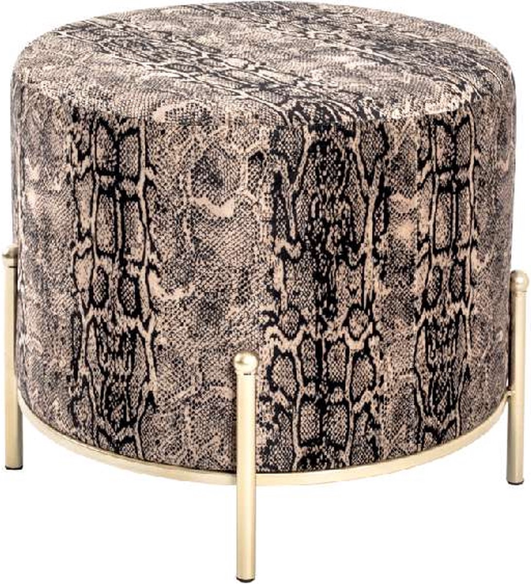 Poef – Bruin textiel met slangenmotief – Ronde hocker en voetenbank – 45 cm hoog, 40 cm diameter