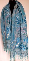 Geborduurde Kasjmier Wollen Dames Sjaal - 180 x 70 cm - Blauw