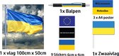 Oekraine Steun Pakket  - 1x vlag 50X100CM - 3x A4 Poster - 1x Balpen - 1x Zwaaivlag - 9x Stickers