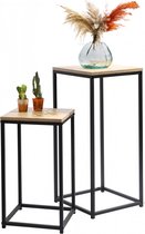 Urban Living - Set van 2 Metalen Bijzettafels met Houten Blad - Industrieel Design