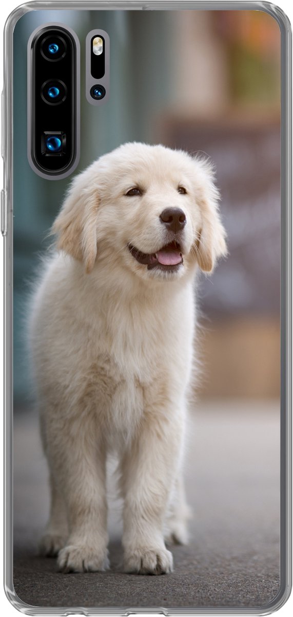 Telefoonhoesje Geschikt voor Huawei P30 Pro hoesje - Een Golden Retriever puppy lopend op de stoep - Siliconen Telefoonhoesje Telefoonhoesje