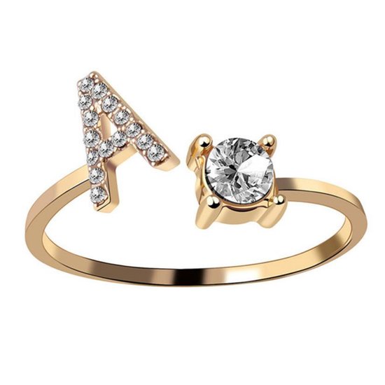 Ring Met Letter - Ring Met Steen - Letter Ring - Ring Letter - Initial Ring - (Zilver 925) Gold-Plated Letter A - Cadeautje voor haar