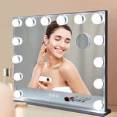 Cindaim Hollywood Make-upspiegel met 14 dimbare gloeilampen, led-tabletop, cosmeticaspiegel met licht, 3 kleurtemperaturen en afneembare 10-voudige vergroting, wit 50 x 40 cm