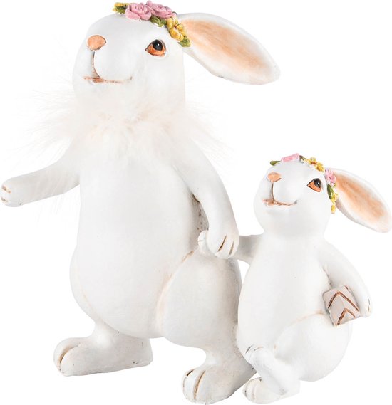 Paashaas / Konijn / paaskonijn / konijnen / moeder met kind - Wit / creme - 17 x 11 x 19 cm hoog.
